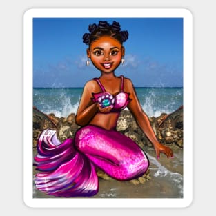 Mermaid Anime mermaid holding a rare black pearl #2 Afro hair in Bantu knots  and caramel brown skin - light background Sticker